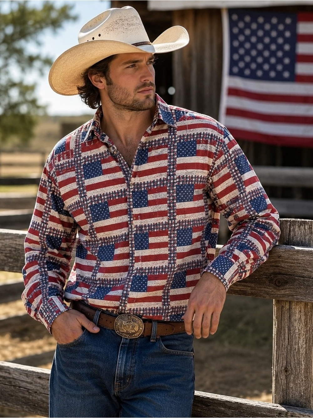 Men's Casual Button-Down Shirt - American Flag Print Red/Blue